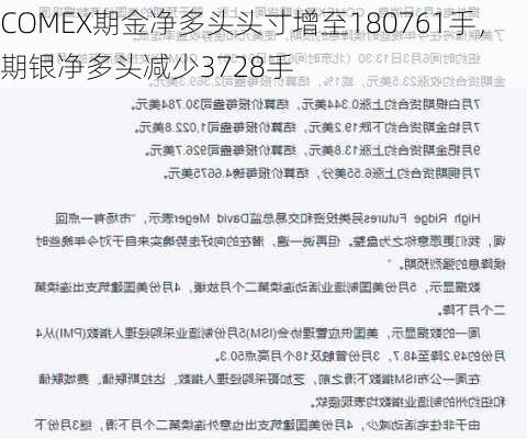 COMEX期金净多头头寸增至180761手，期银净多头减少3728手