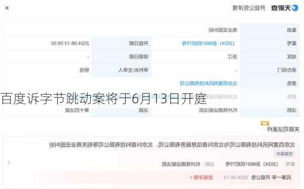 百度诉字节跳动案将于6月13日开庭
