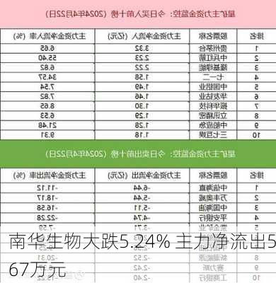 南华生物大跌5.24% 主力净流出567万元