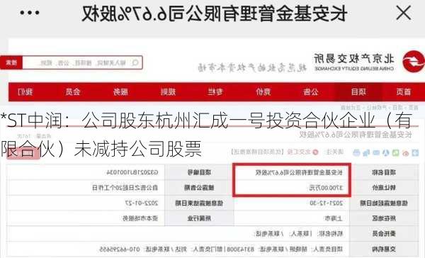 *ST中润：公司股东杭州汇成一号投资合伙企业（有限合伙）未减持公司股票