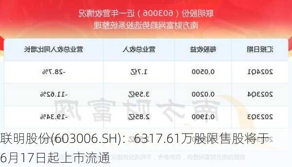 联明股份(603006.SH)：6317.61万股限售股将于6月17日起上市流通