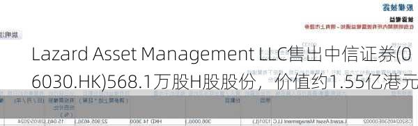 Lazard Asset Management LLC售出中信证券(06030.HK)568.1万股H股股份，价值约1.55亿港元