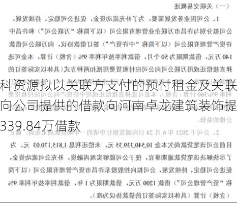 金科资源拟以关联方支付的预付租金及关联方向公司提供的借款向河南卓龙建筑装饰提供339.84万借款