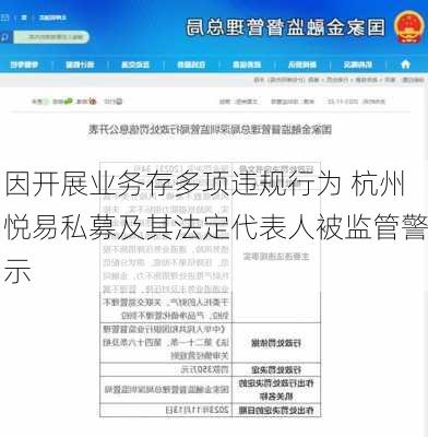 因开展业务存多项违规行为 杭州悦易私募及其法定代表人被监管警示