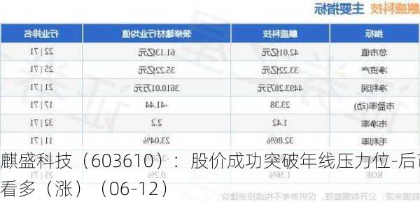 麒盛科技（603610）：股价成功突破年线压力位-后市看多（涨）（06-12）