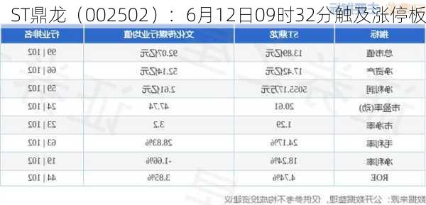 ST鼎龙（002502）：6月12日09时32分触及涨停板