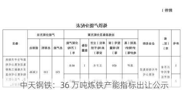 中天钢铁：36 万吨炼铁产能指标出让公示