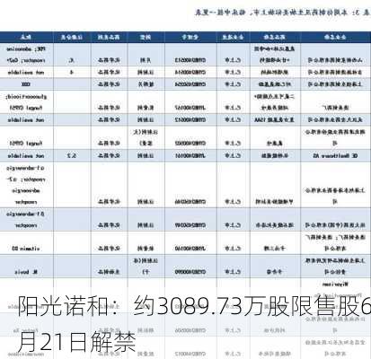 阳光诺和：约3089.73万股限售股6月21日解禁