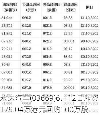 永达汽车(03669)6月12日斥资179.04万港元回购100万股