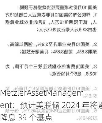 MetzlerAssetManagement：预计美联储 2024 年将累计降息 39 个基点