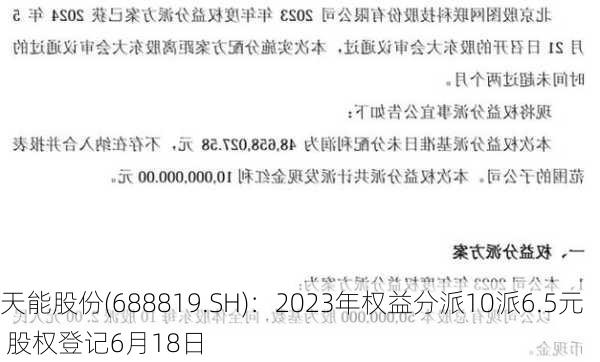 天能股份(688819.SH)：2023年权益分派10派6.5元 股权登记6月18日