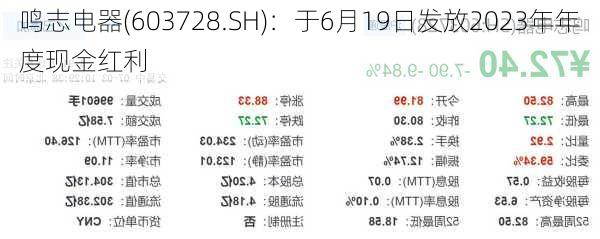 鸣志电器(603728.SH)：于6月19日发放2023年年度现金红利