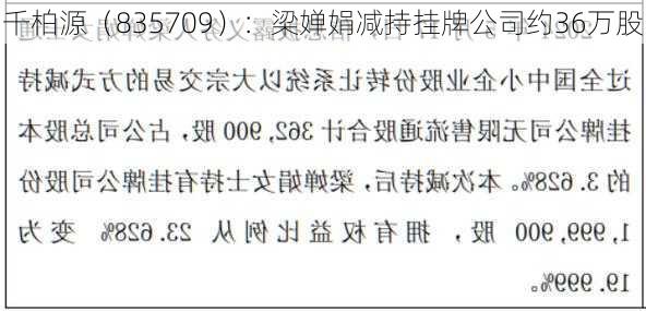 千柏源（835709）：梁婵娟减持挂牌公司约36万股