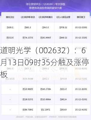 道明光学（002632）：6月13日09时35分触及涨停板