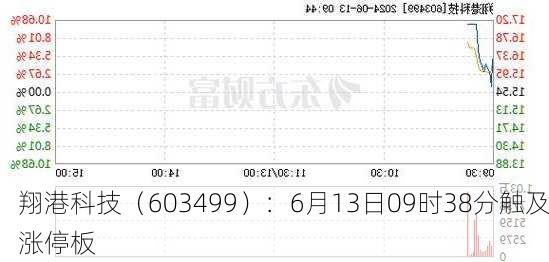 翔港科技（603499）：6月13日09时38分触及涨停板