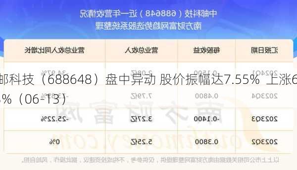 中邮科技（688648）盘中异动 股价振幅达7.55%  上涨6.73%（06-13）