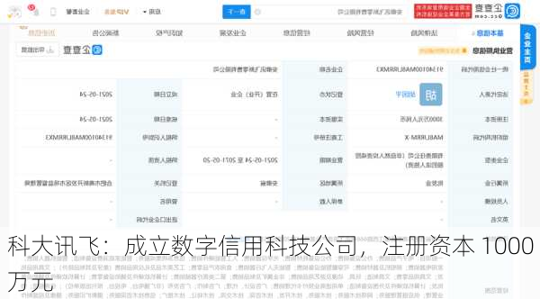 科大讯飞：成立数字信用科技公司，注册资本 1000 万元