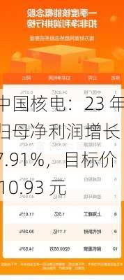 中国核电：23 年归母净利润增长 17.91%，目标价 10.93 元