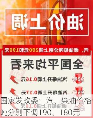 国家发改委：汽、柴油价格每吨分别下调190、180元