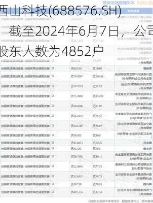 西山科技(688576.SH)：截至2024年6月7日，公司股东人数为4852户