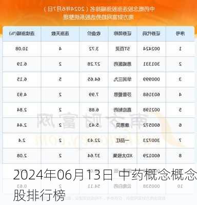 2024年06月13日 中药概念概念股排行榜