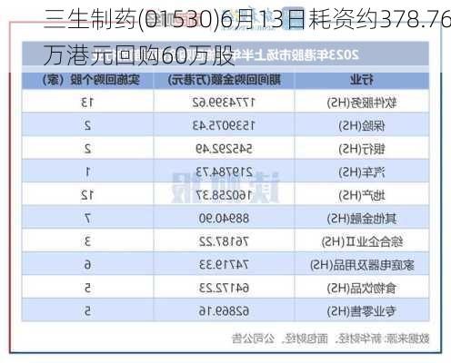 三生制药(01530)6月13日耗资约378.76万港元回购60万股