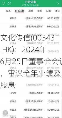 文化传信(00343.HK)：2024年6月25日董事会会议，审议全年业绩及末期股息