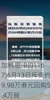 加科思-B(01167)6月13日斥资约9.98万港元回购5.4万股