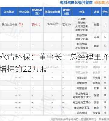 永清环保：董事长、总经理王峰增持约22万股