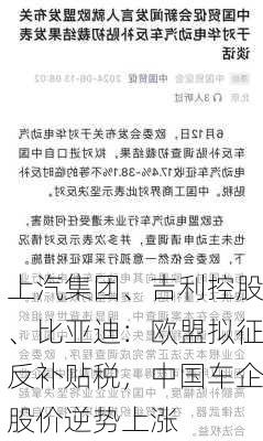 上汽集团、吉利控股、比亚迪：欧盟拟征反补贴税，中国车企股价逆势上涨