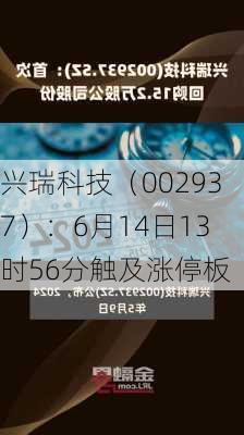 兴瑞科技（002937）：6月14日13时56分触及涨停板