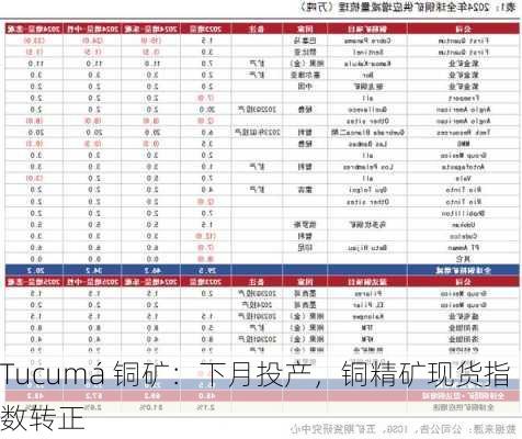 Tucumá 铜矿：下月投产，铜精矿现货指数转正