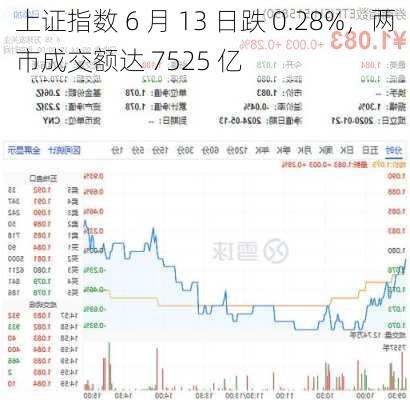 上证指数 6 月 13 日跌 0.28%，两市成交额达 7525 亿