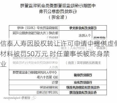 信泰人寿因股权转让许可申请中提供虚假材料被罚50万元 时任董事长被终身禁业