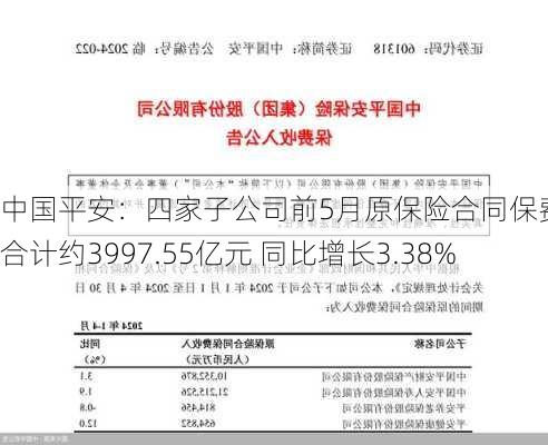 中国平安：四家子公司前5月原保险合同保费收入合计约3997.55亿元 同比增长3.38%