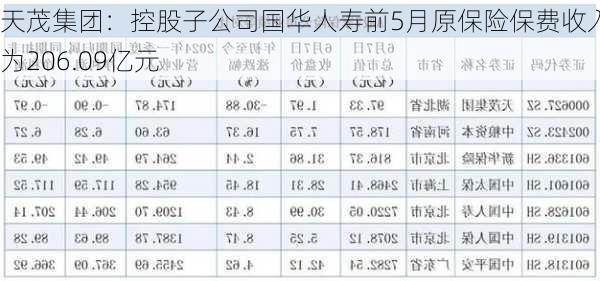 天茂集团：控股子公司国华人寿前5月原保险保费收入约为206.09亿元