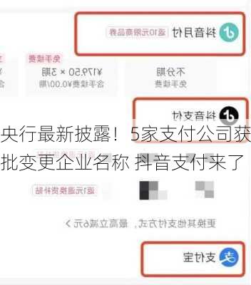 央行最新披露！5家支付公司获批变更企业名称 抖音支付来了