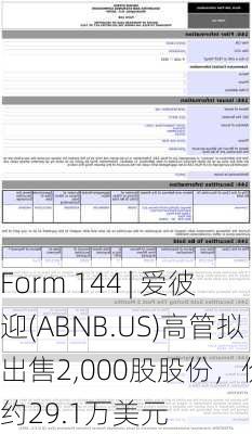 Form 144 | 爱彼迎(ABNB.US)高管拟出售2,000股股份，价值约29.1万美元