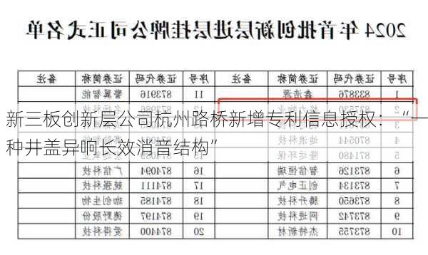 新三板创新层公司杭州路桥新增专利信息授权：“一种井盖异响长效消音结构”