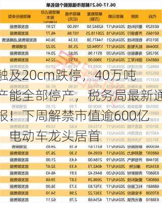 触及20cm跌停，40万吨产能全部停产，税务局最新通报！下周解禁市值逾600亿，电动车龙头居首