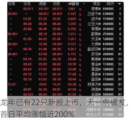 龙年已有22只新股上市，无一例破发，首日平均涨幅近200%