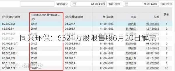 同兴环保：6321万股限售股6月20日解禁