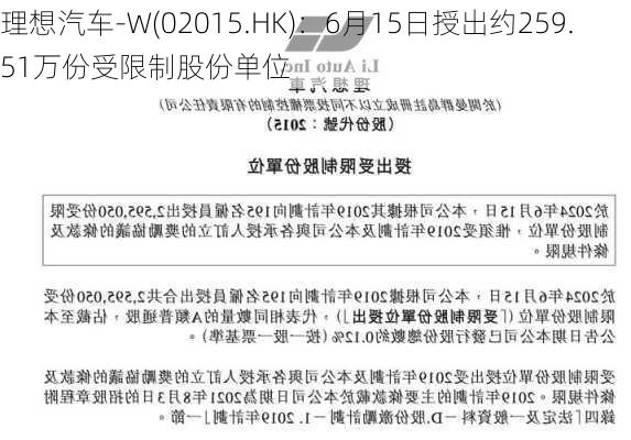 理想汽车-W(02015.HK)：6月15日授出约259.51万份受限制股份单位