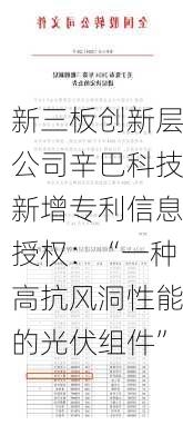 新三板创新层公司辛巴科技新增专利信息授权：“一种高抗风洞性能的光伏组件”