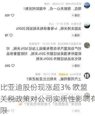 比亚迪股份现涨超3% 欧盟关税政策对公司实质性影响有限