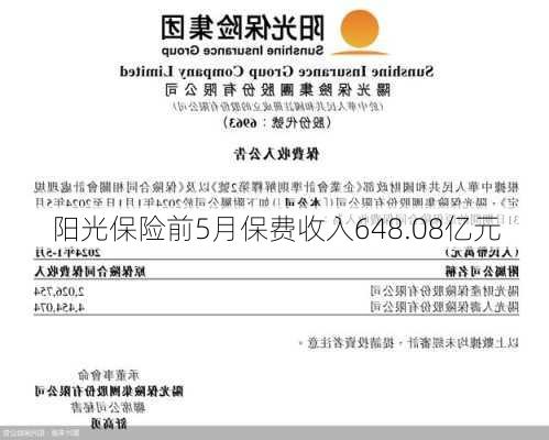 阳光保险前5月保费收入648.08亿元