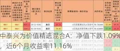 中泰兴为价值精选混合A：净值下跌1.09%，近6个月收益率11.16%