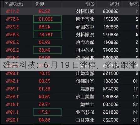 雄帝科技：6 月 19 日涨停，多股跟涨