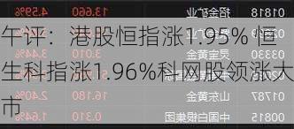 午评：港股恒指涨1.95% 恒生科指涨1.96%科网股领涨大市