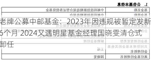 老牌公募中邮基金：2023年因违规被暂定发新6个月 2024又遇明星基金经理国晓雯清仓式卸任